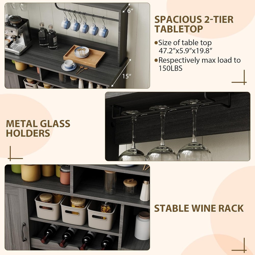 47'' Buffet Sideboard - Power Outlets,Storage,Wine Racks, Goblet Holder, Hooks