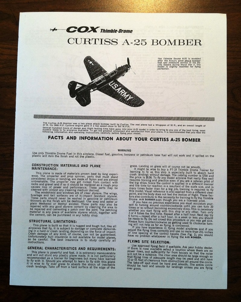 COX THIMBLE DROME .049 CURTISS A-25 BOMBER MANUAL FLIGHT INSTRUCTIONS 049