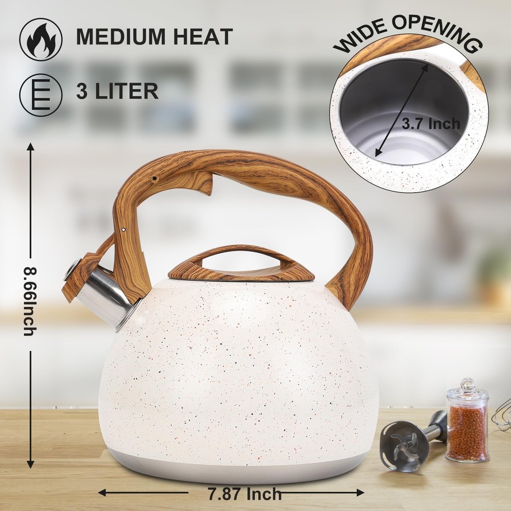 Whistling Tea Kettle 3 Liter with Wood Pattern Folding Handle B-White