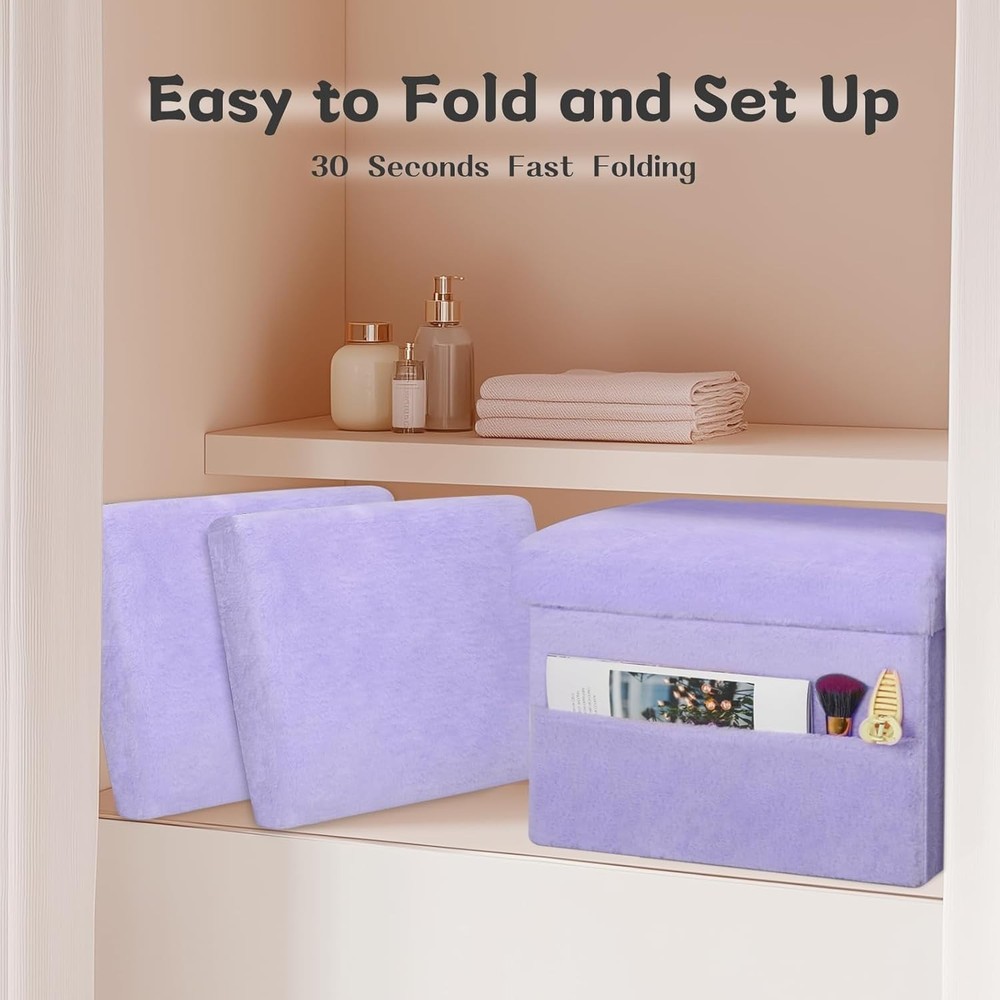 Small Ottoman W/ Storage Folding Soft Fur Storage Foot Rest Stool W/ Thicker