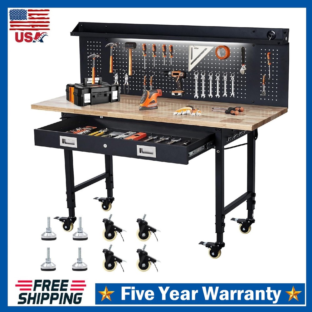 60" x 22" Adjustable Workbench ,Heavy Duty Work Table with Drawer and Pegboard