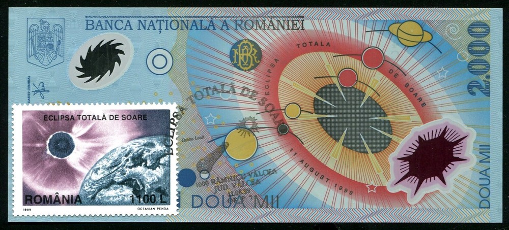 ROMANIA 2000 LEI 1999 SOLAR ECLIPSE with stamp RAMNICU VALCEA POLYMER BANKNOTE