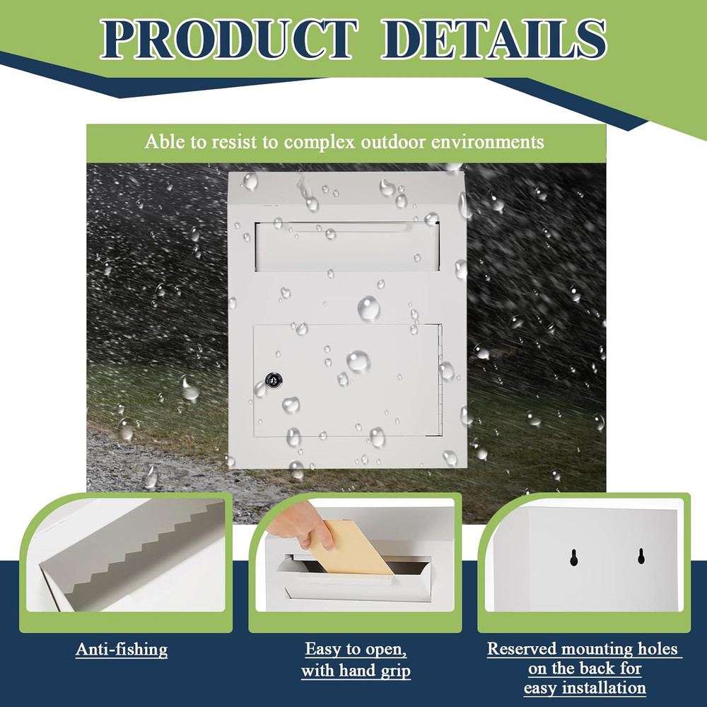 Mailbox for outside Wall Mount Locking Drop Box Wall Mounted Heavy Duty Safe Key