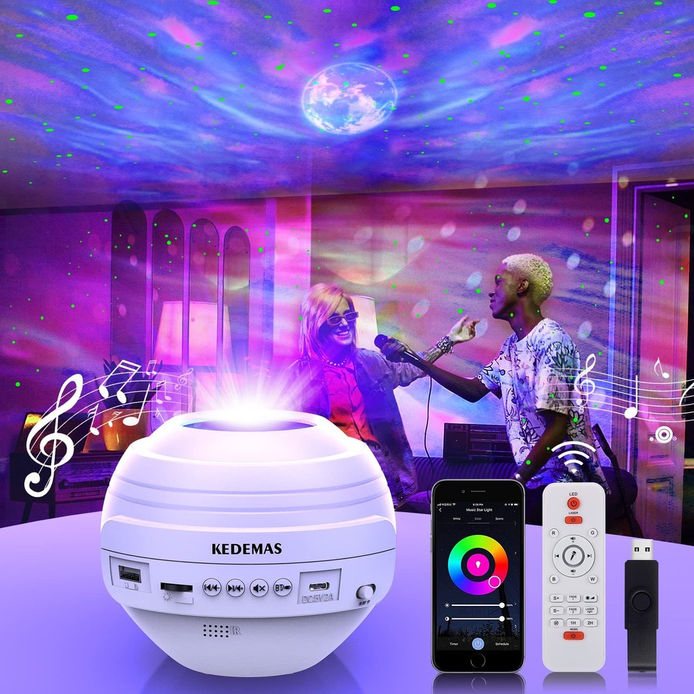 KEDEMAS Galaxy Projector with APP Remote Music Speaker Timer White