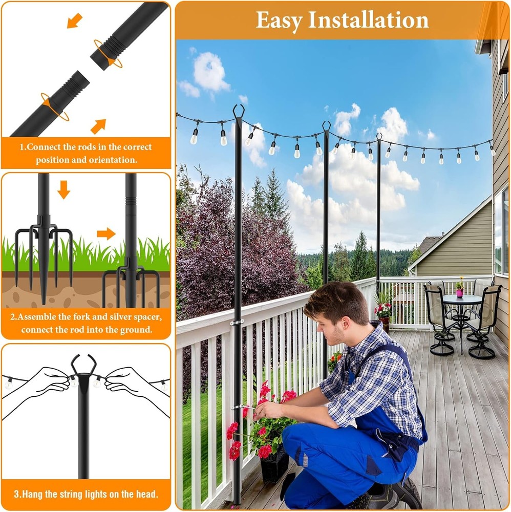 10 Ft Heavy Duty String Light Poles 2 Pack - Outdoor Decorative Support for