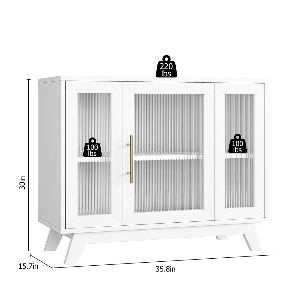 36 Inch Buffet Cabinet Storage Modern Glass Doors White
