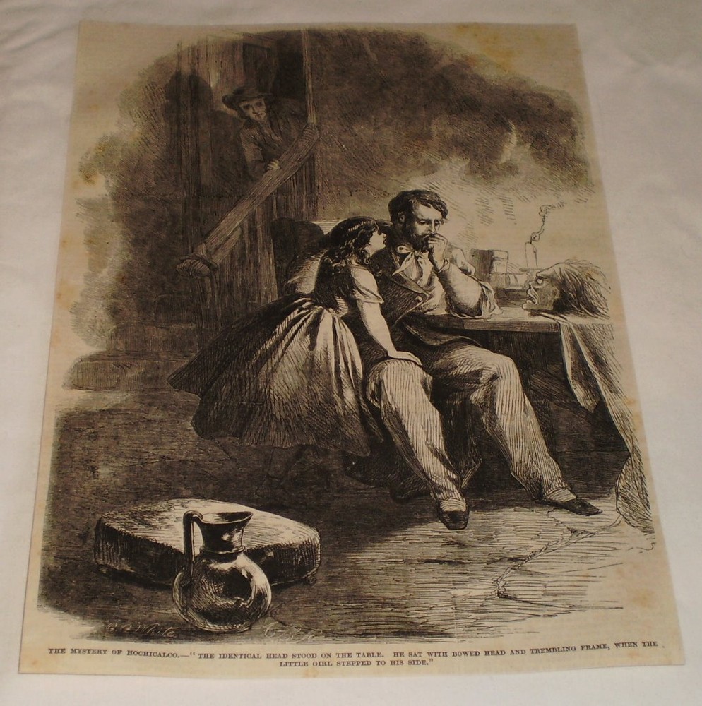 1870 magazine engraving ~ GHOSTLY HEAD ON TABLE