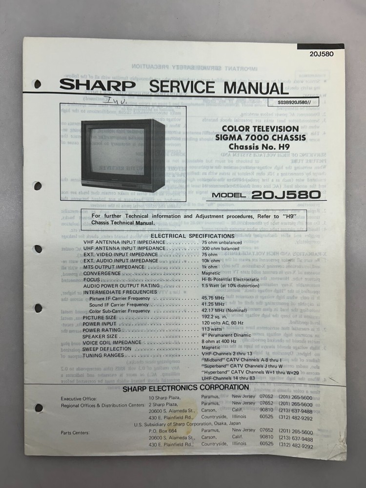 Sharp 20J580 Original Service Manual Free Shipping