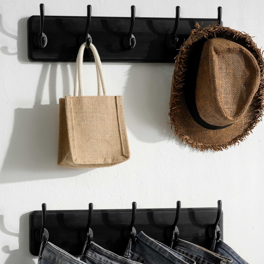 Rustic Wall Mounted Coat Rack Pine Solid Wood Coat Hook Hanger with 5 Hooks