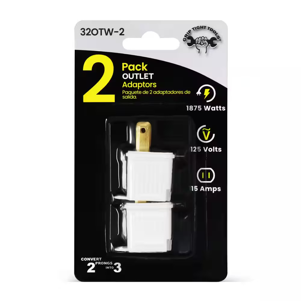 Single Outlet Grounding AC/DC Adapter, White (2-Pack)