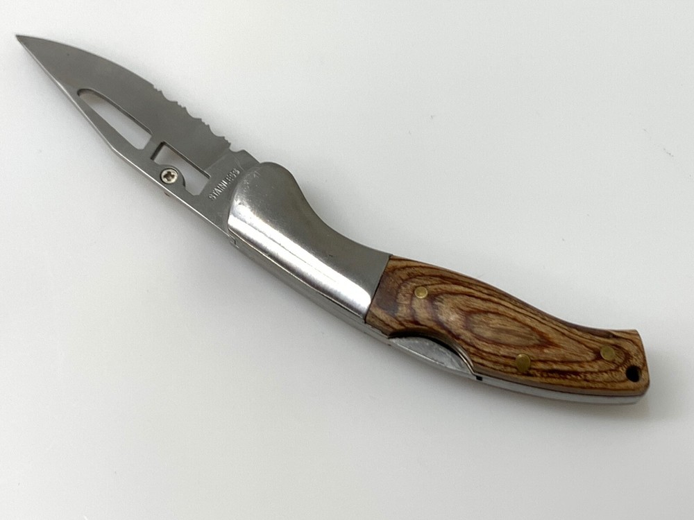 Fighter Plus Pocket Knife Light Brown Wood Grain Handle Single Blade SMALL CRACK