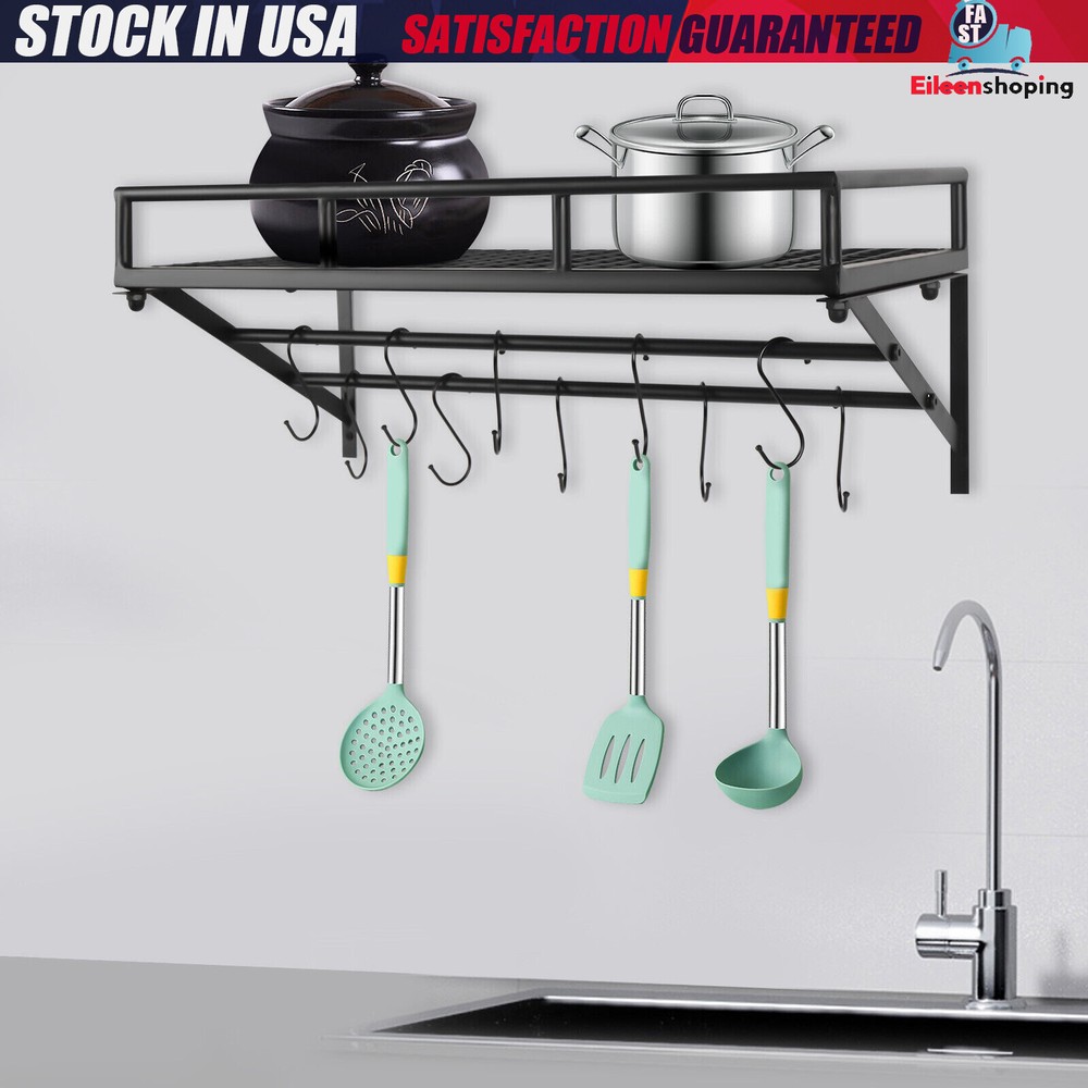 Kitchen Wall Mounted Storage Shelf Cookware Pan Pot Organizer Rack with 10 Hooks