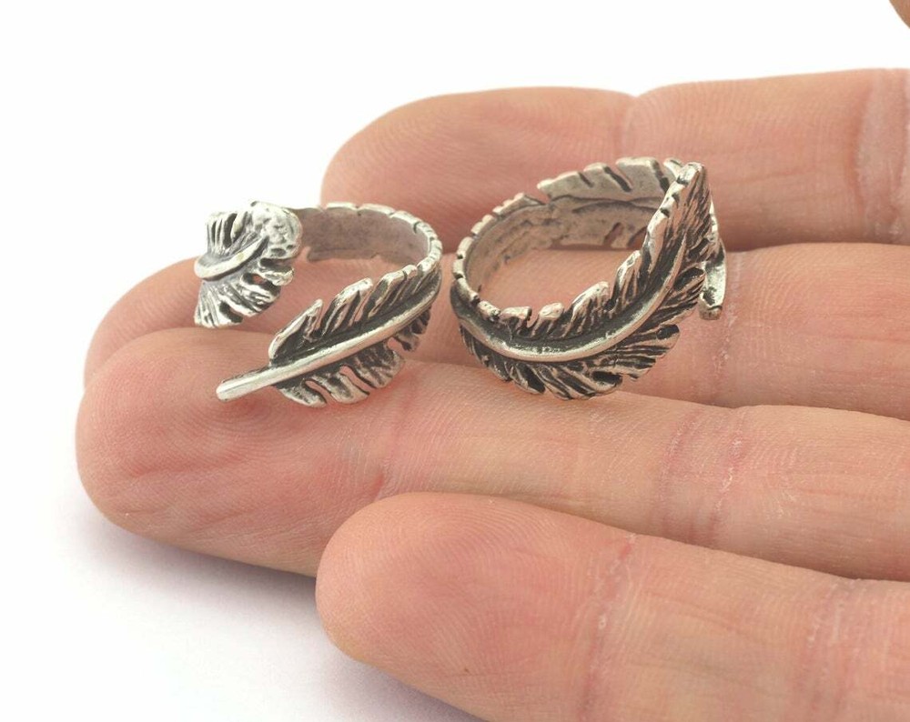 Feather Adjustable Ring AntiqueSilver Plated Brass 16mm 5US size Adjustable 2298