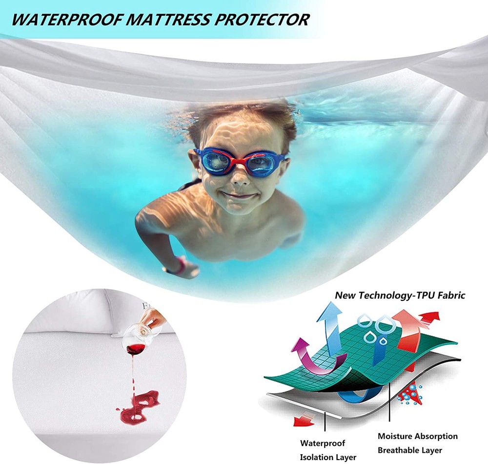 Waterproof Mattress Cover Polyester Top Matress Protector Deep Pocket Noiseless
