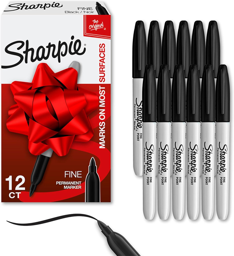 Sharpie Permanent Markers, Fine Tip, Black, 12 Count Quick Drying Fade Resistant