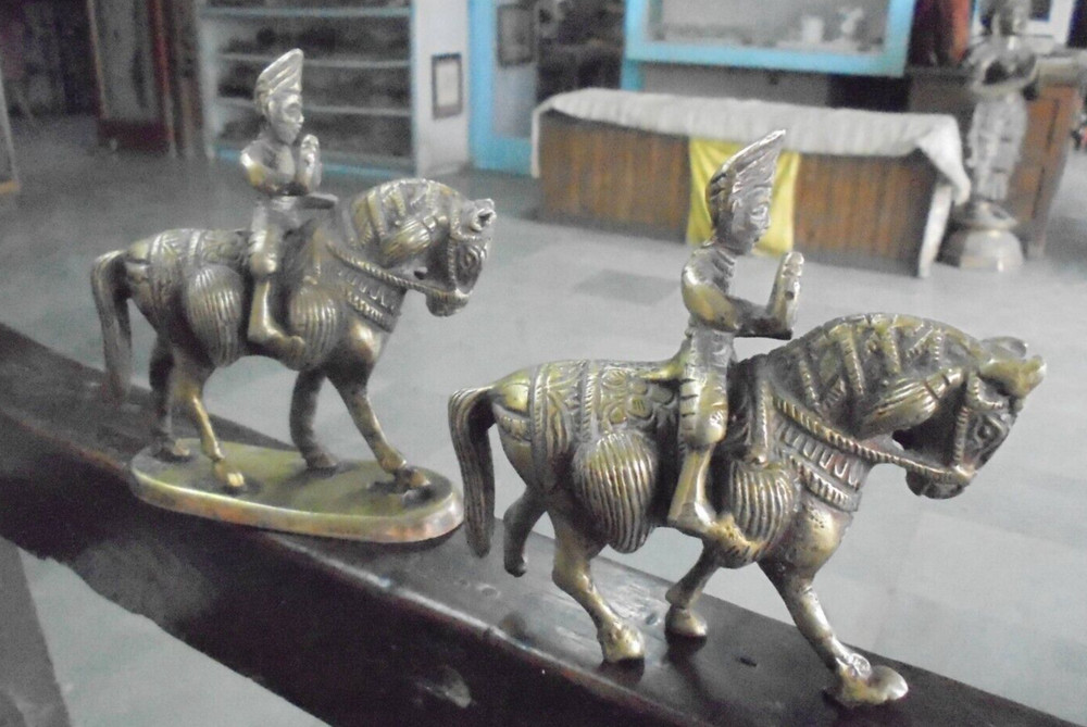2 Pc Vintage Brass Engraved Handcrafted Solid Horse Rider Figurines