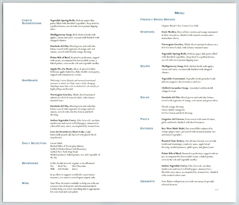 2000 Royal Caribbean Cruise Line - Menu