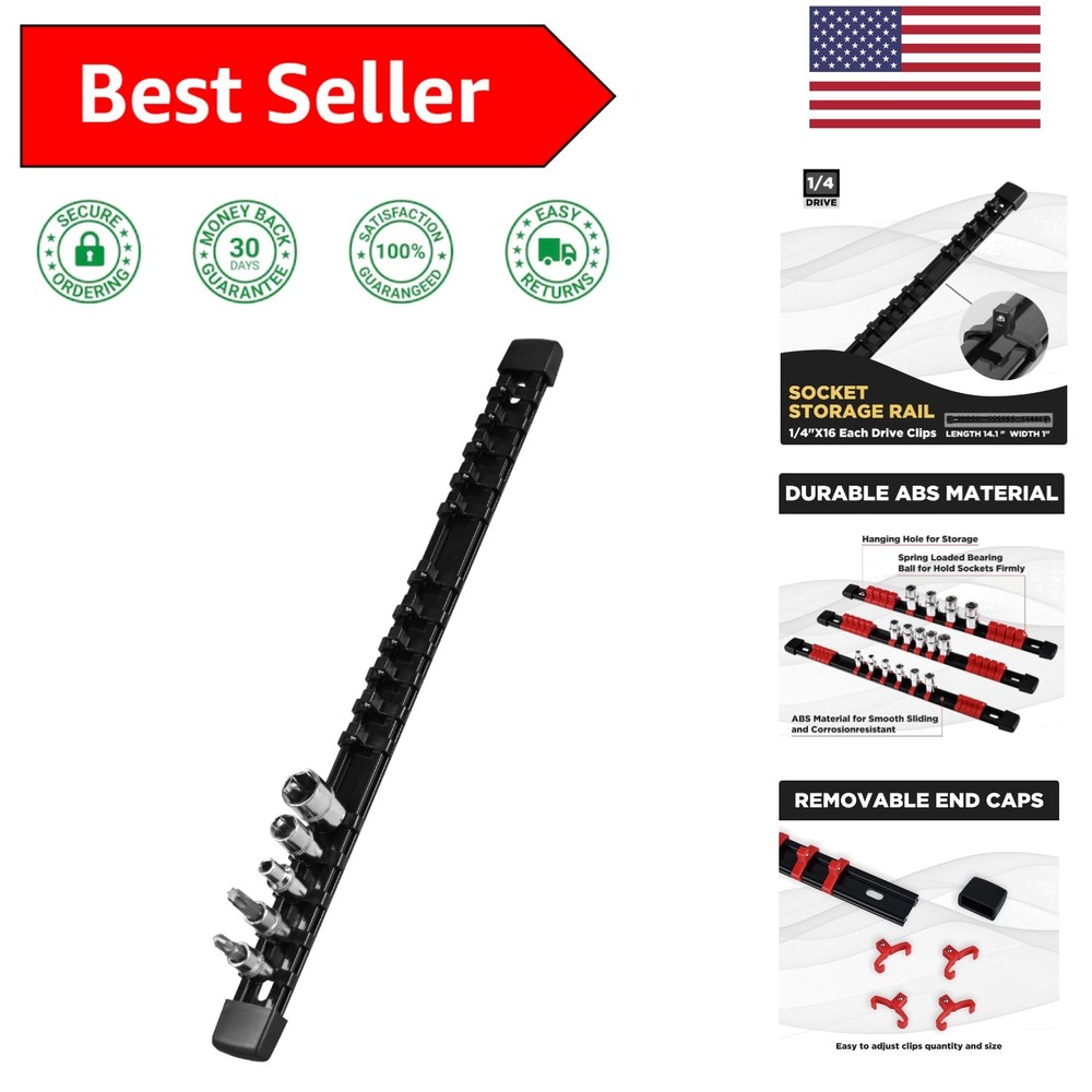 Compact Black Socket Rail Kit - 16 Clips Included for Maximum Tool Organization