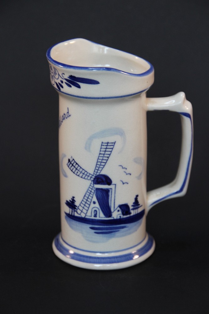 Delft hand painted pitcher with windmill and flowers 6" tall
