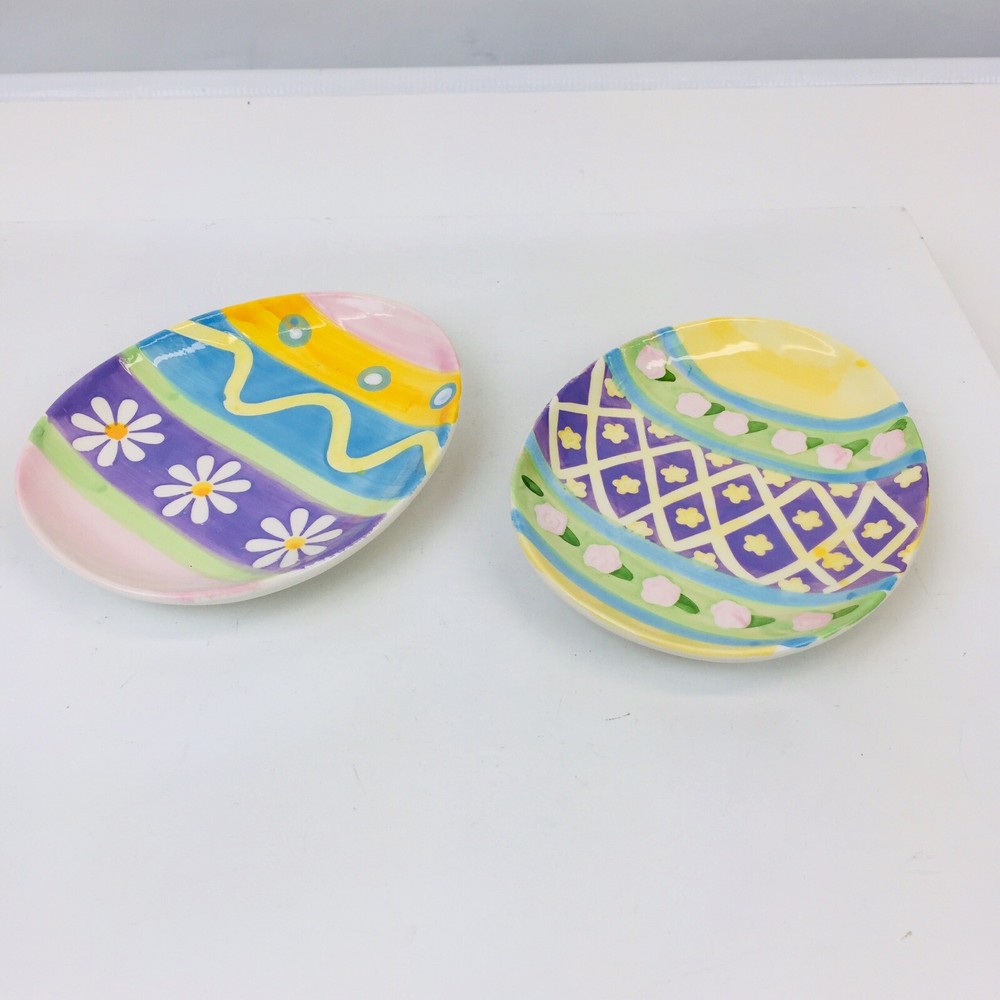 Set/2 STUDIO 33 Egg Shapred Dessert Plates Ceramic Easter Spring New 6.5X5"