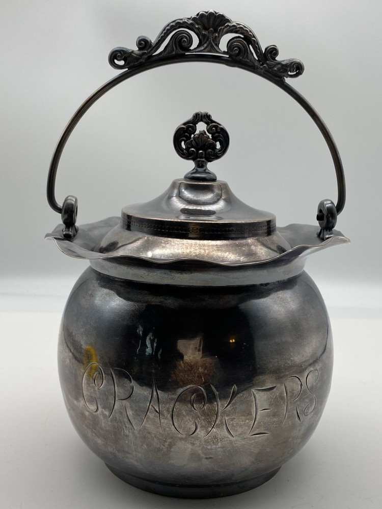 Vintage Crescent Silver Co. Etched Silver Plate Cracker Jar & Lid