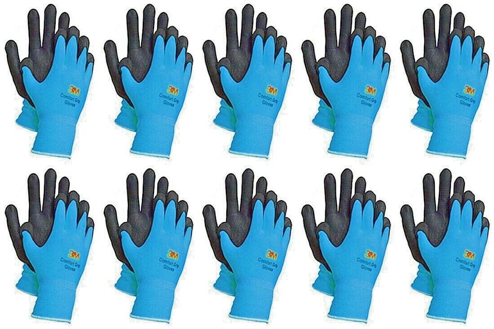 3M Nitrile Rubber Coated Nylon Work Gloves, Thin, Washable Bulk 10 Pack Blue