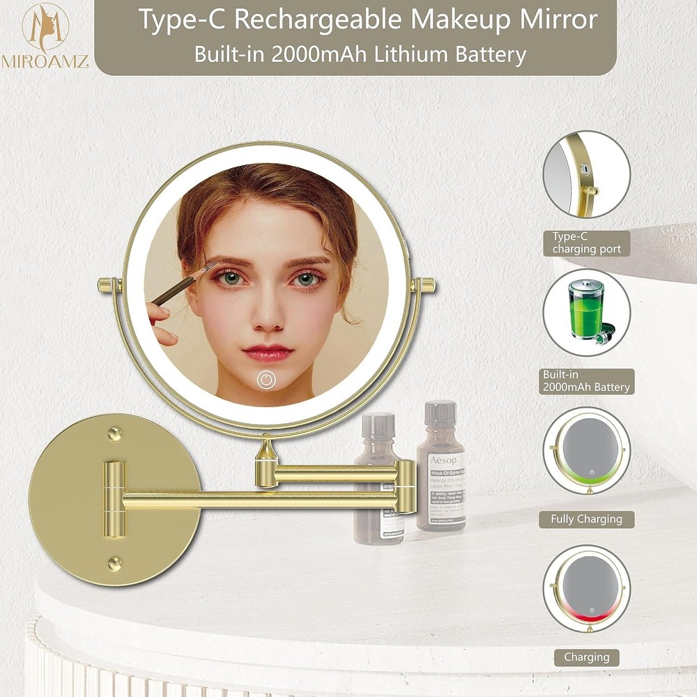 10X Rechargeable Wall Mounted Lighted Makeup Vanity Mirror 8"Double Sided Mirror