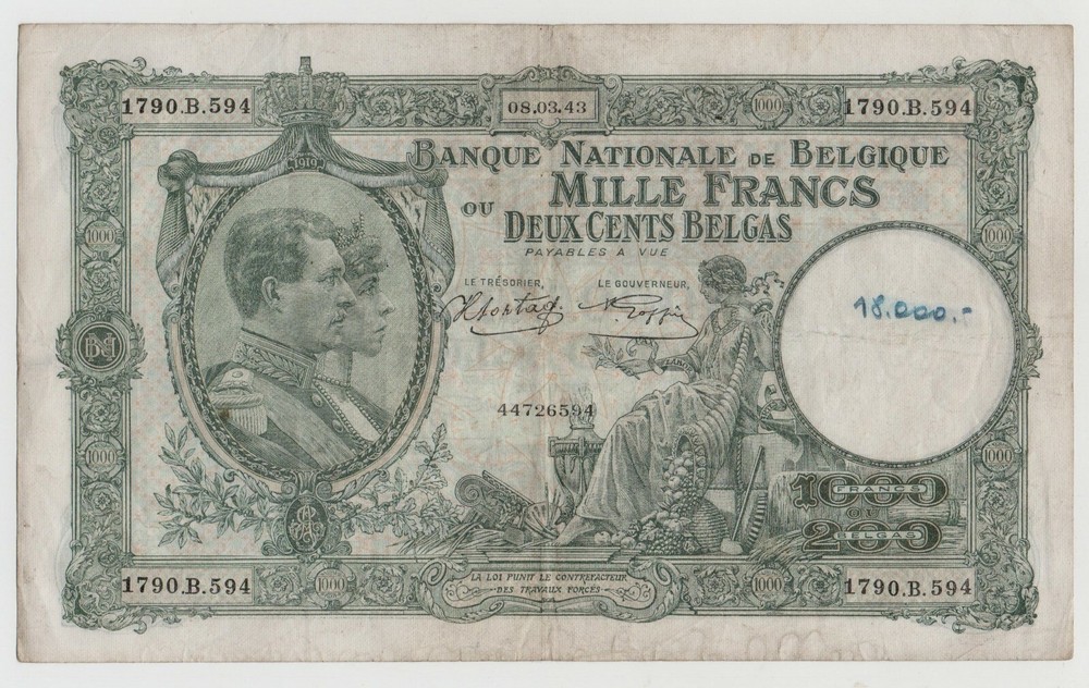 BELGIUM 1000 FRANCS 1943 PICK 110 LOOK SCANS