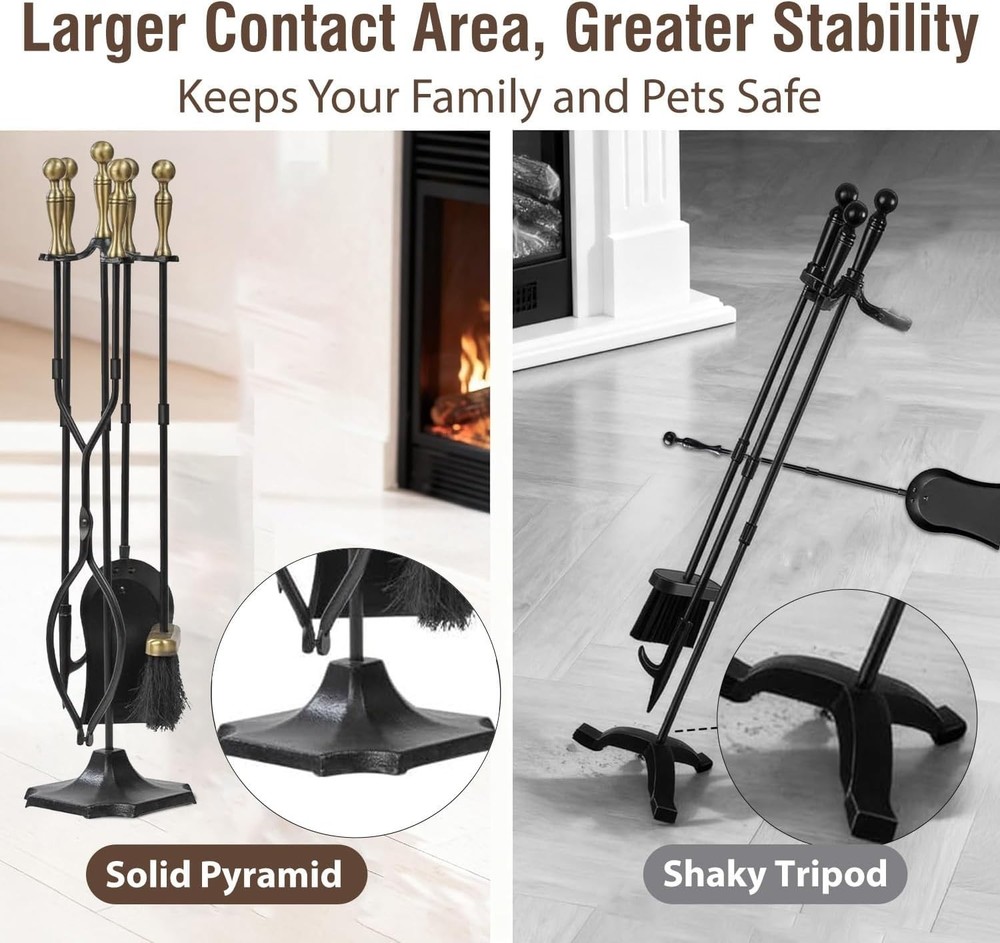 Fireplace Tools Set 5 Pcs Wrought Iron Large Fire Tool Set with Brass Handles fo
