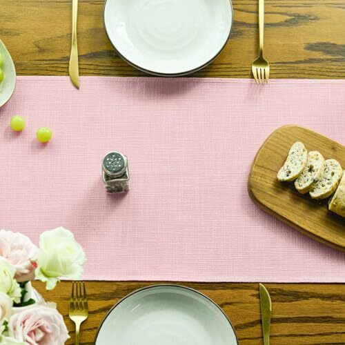 Tassel Table Runner, Linen Blend Rustic 13" x 36", Table Runner Blush Pink