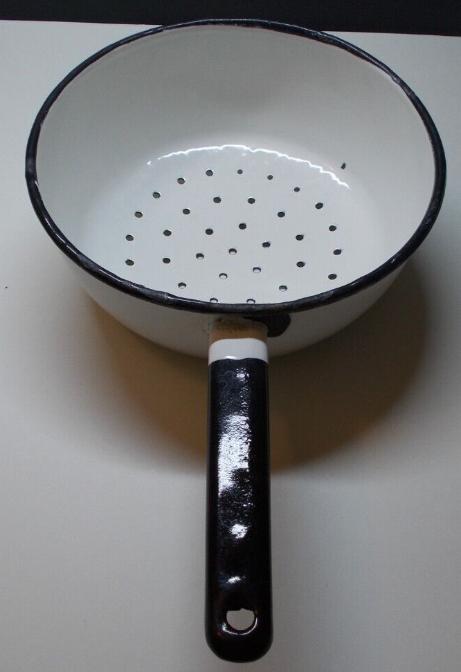 Vintage Russian Enamelware Strainer White with Black Trim