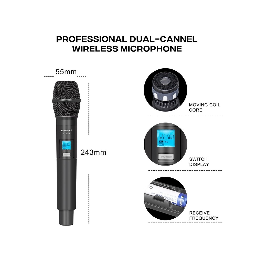 G-MARK Wireless Microphone System, Professional UHF Dual Channel Ha... Fast Ship