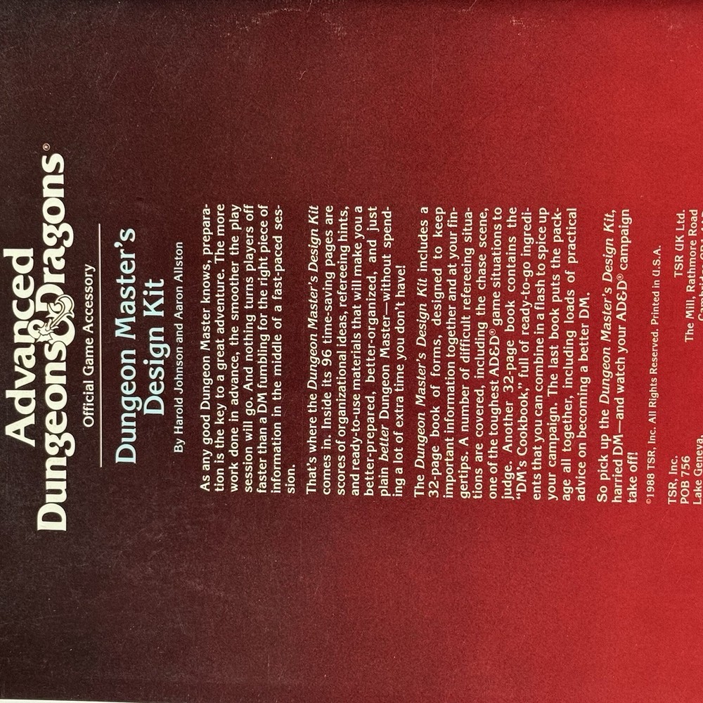 Dungeon Masters Design Kit 9234 - Advanced Dungeons & Dragons AD&D TSR 1988