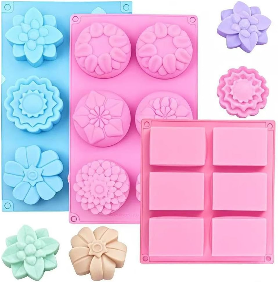 3-Pack Silicone Soap Molds, 6 Rectangular Soap Molds, Different Shapes of Flower
