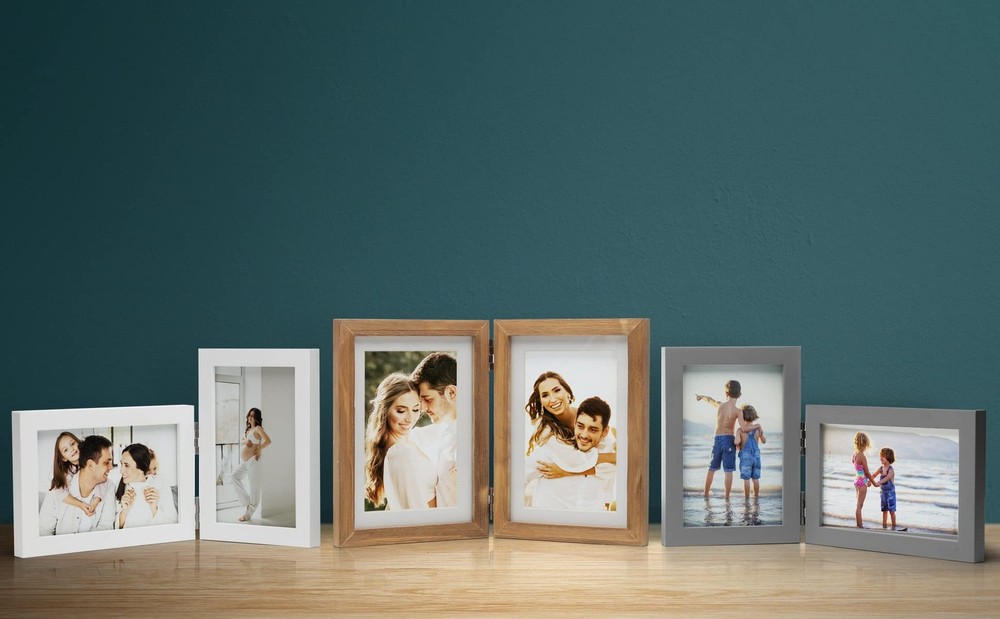 Double 4X4 Picture Frames Hinged Folding Rustic Photo Frames in Brown for Wal...