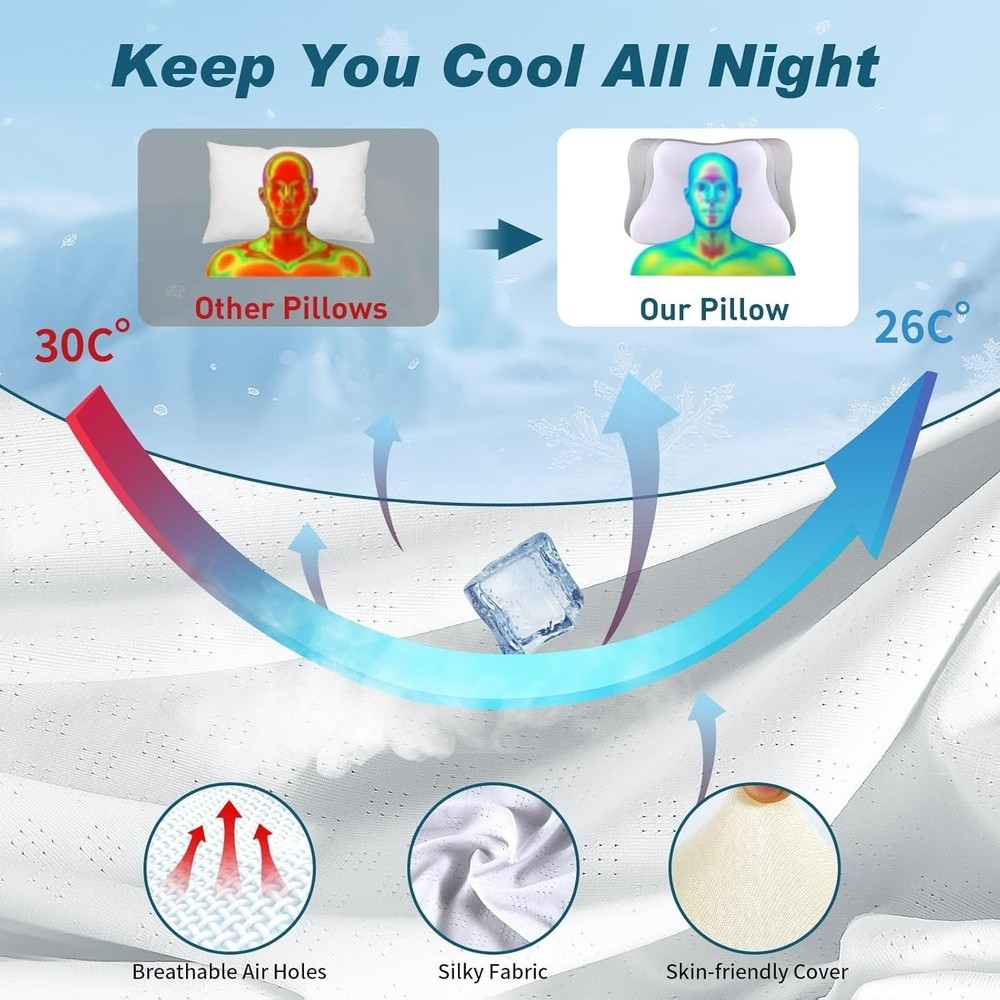 Cooling Cervical Neck Pillow Ergonomic Memory Foam for All Sleepers