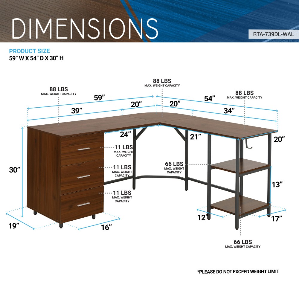 Rustic L-Desk - Engineered Walnut Top - Storage Drawers & Adjustable Shelves