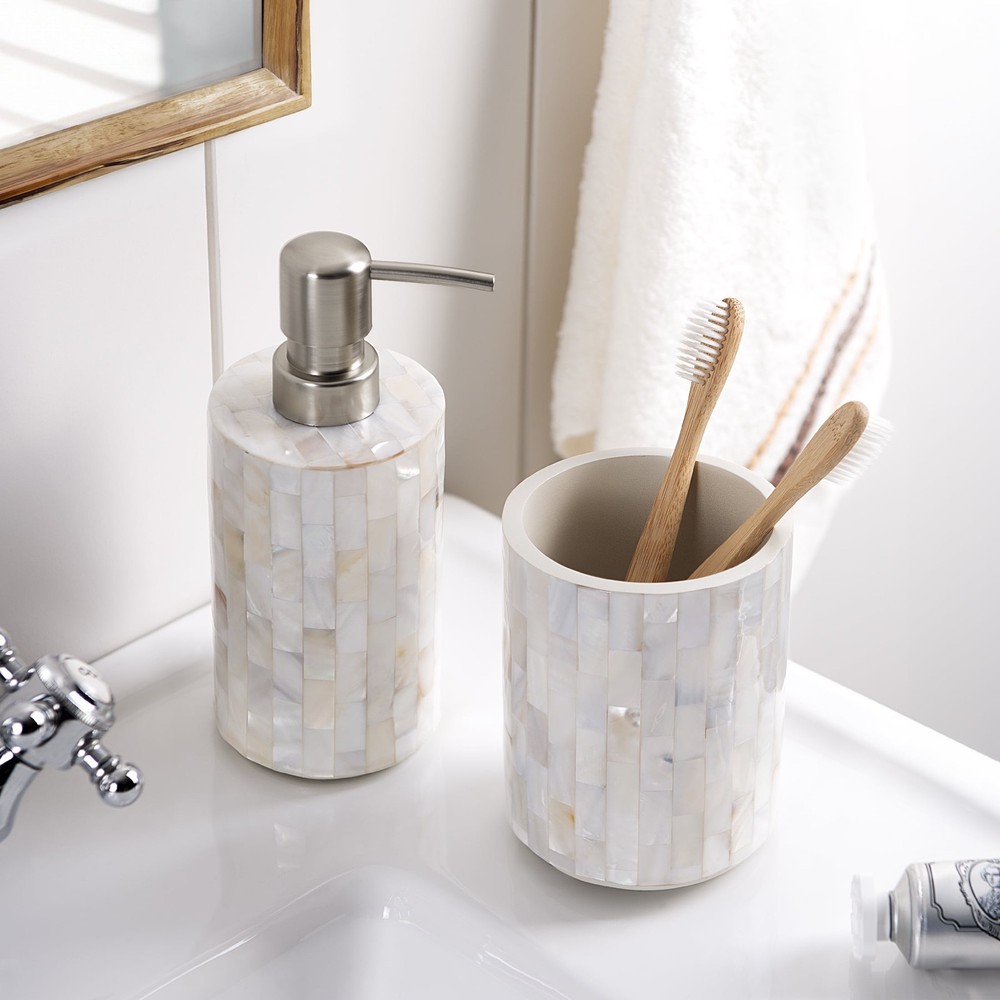 Pearlescent Tile Pattern Resin Toothbrush Holder for Bathroom Sink