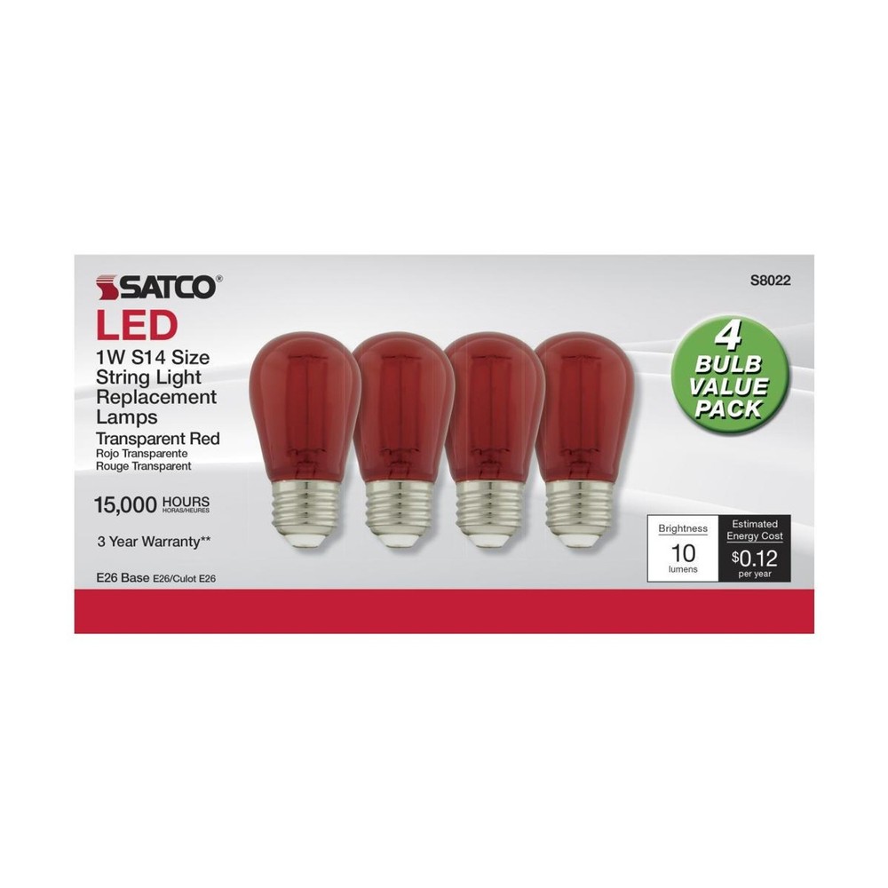 Satco S8022 - 1 Watt LED S14 Outdoor Red String Light Bulbs (4 Pack)