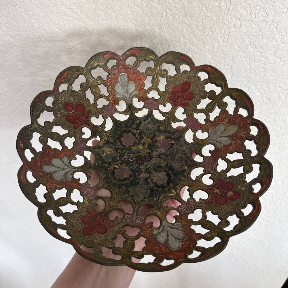 Vintage India BRASS ENAMELED Openwork Bowl