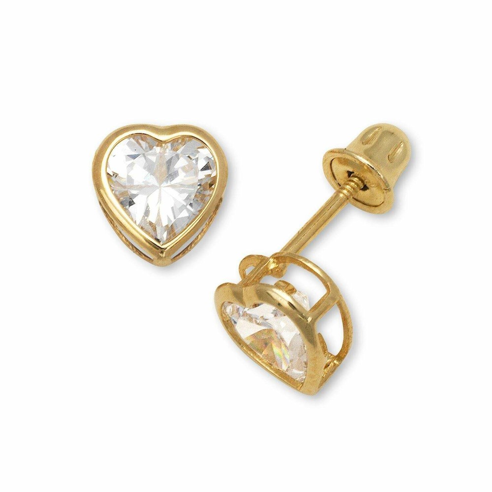 14K Solid Yellow/White Gold Heart Stud Earrings Birthstone