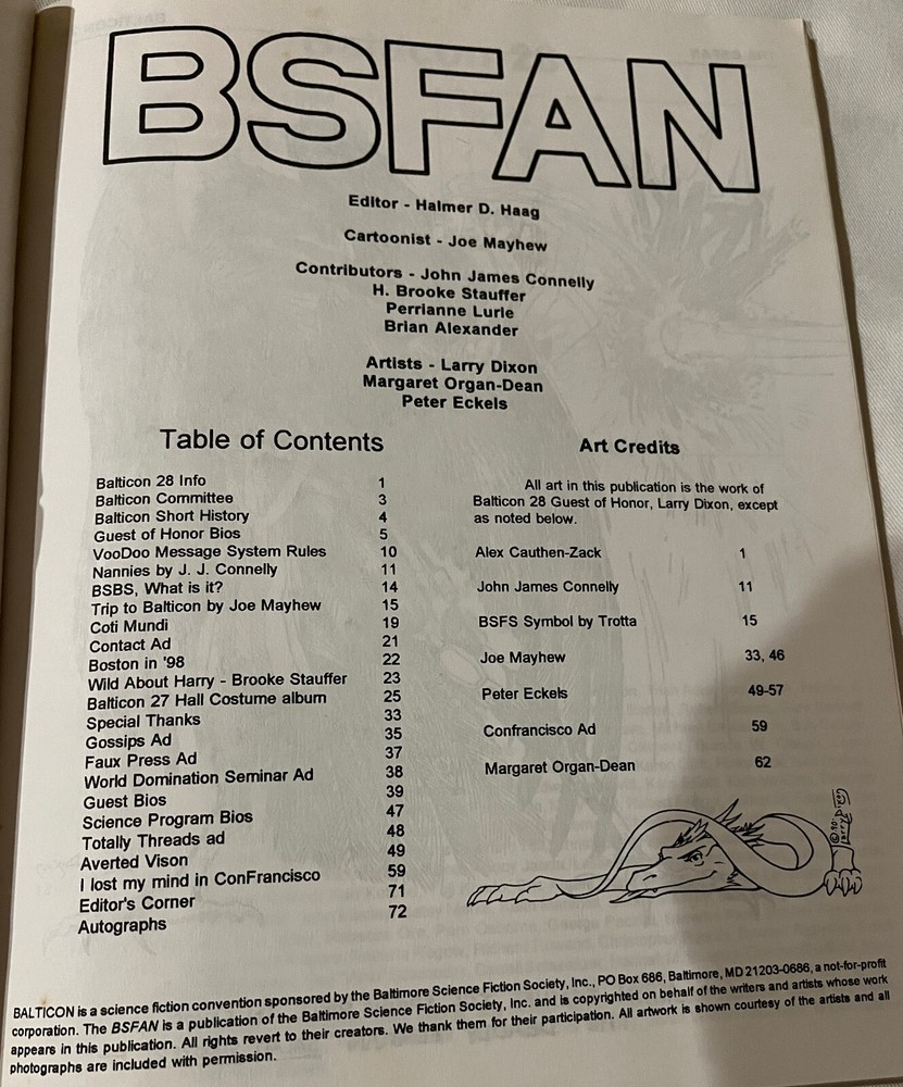 Balticon 28 BSFAN - Program - Baltimore Science Fiction Society Convention 1994