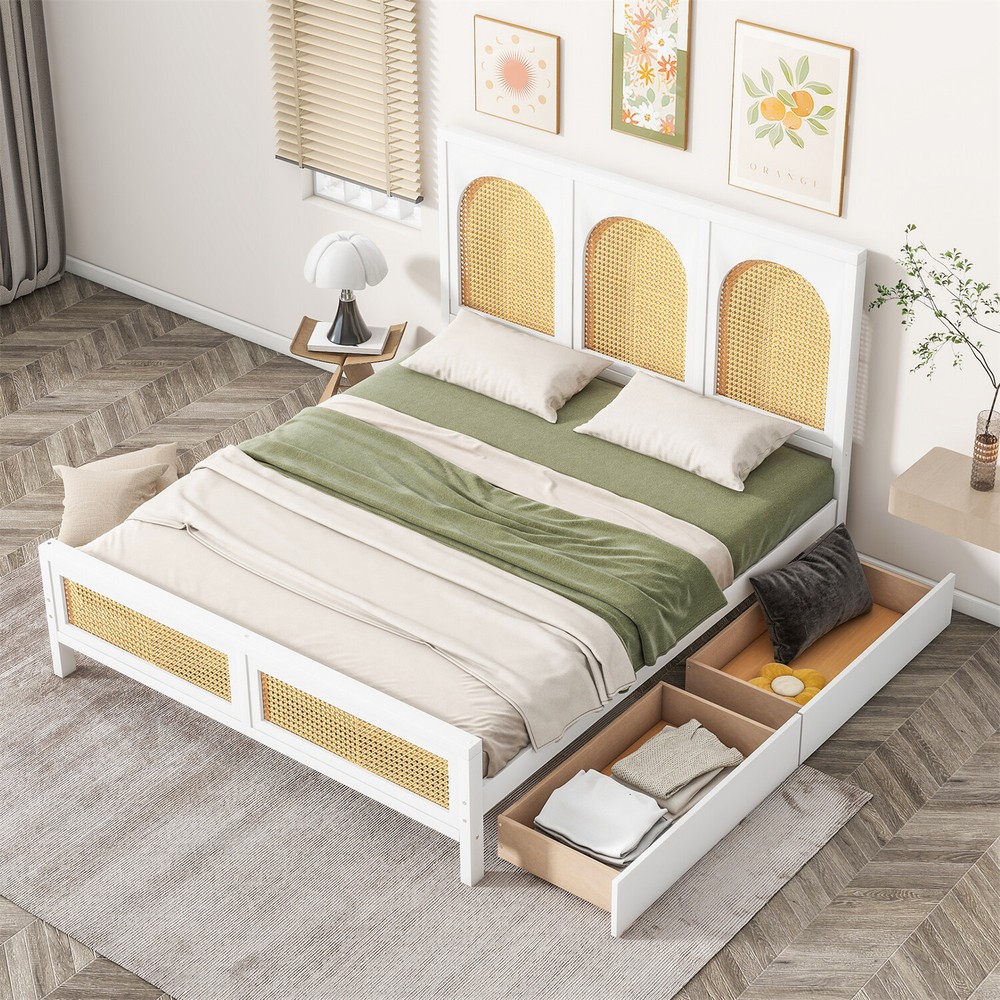 Full Size Bed Frame Wood Platform Bed Frame w/ Headboard & 2 Drawer White