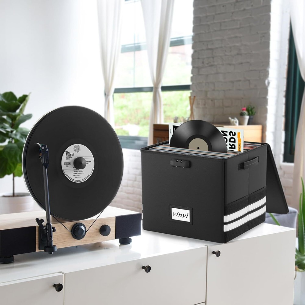 Vinyl Record Storage Box with Lock - Fireproof Waterproof 12" Record Organizer