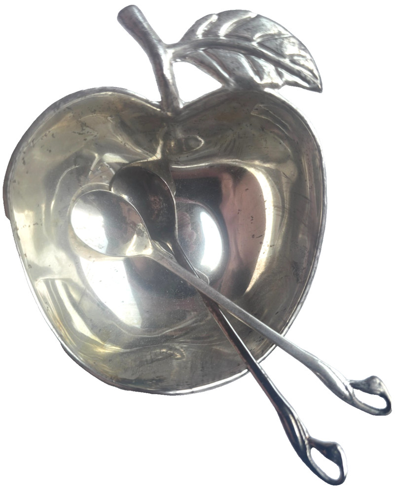 Apple Shared Honey Dish/Spoon Silver Plated for Rosh Hashanah 2 spoons