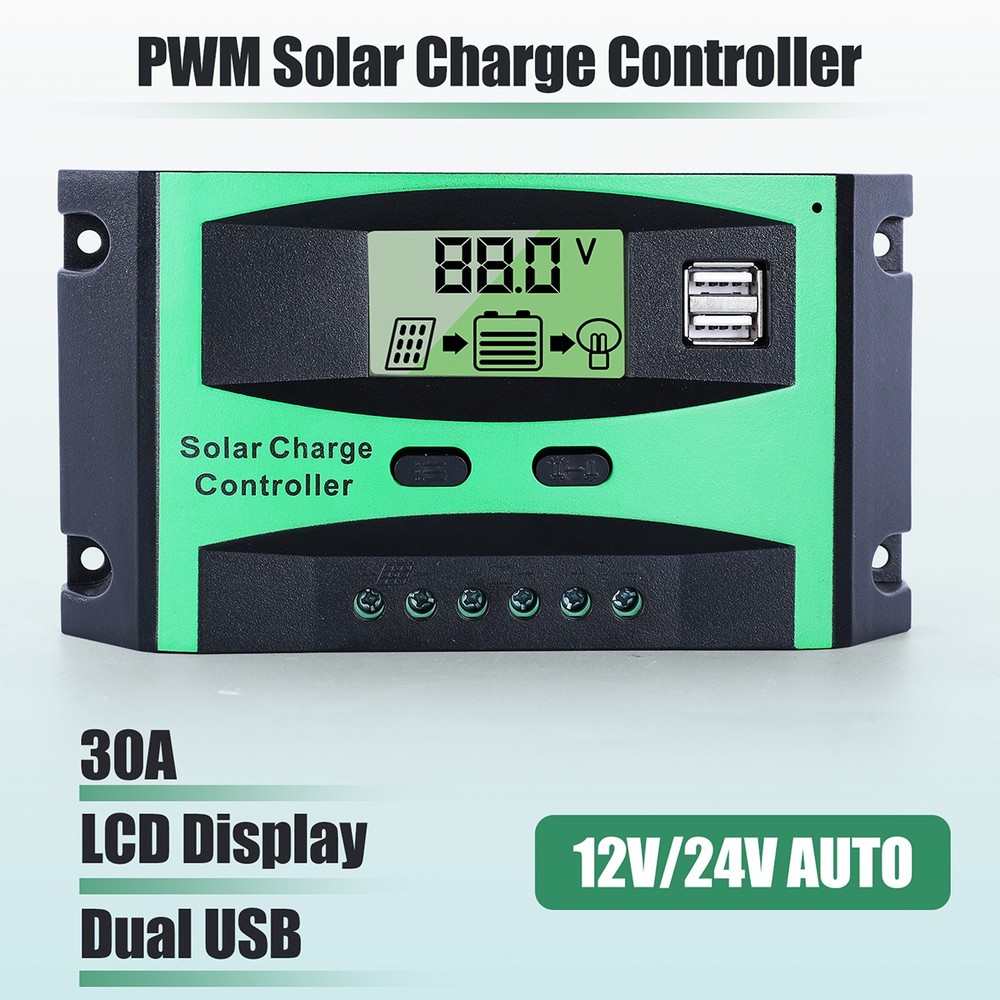30A PWM Solar Panel Charge Controller Auto Focus Tracking Regulator 12/24V USB