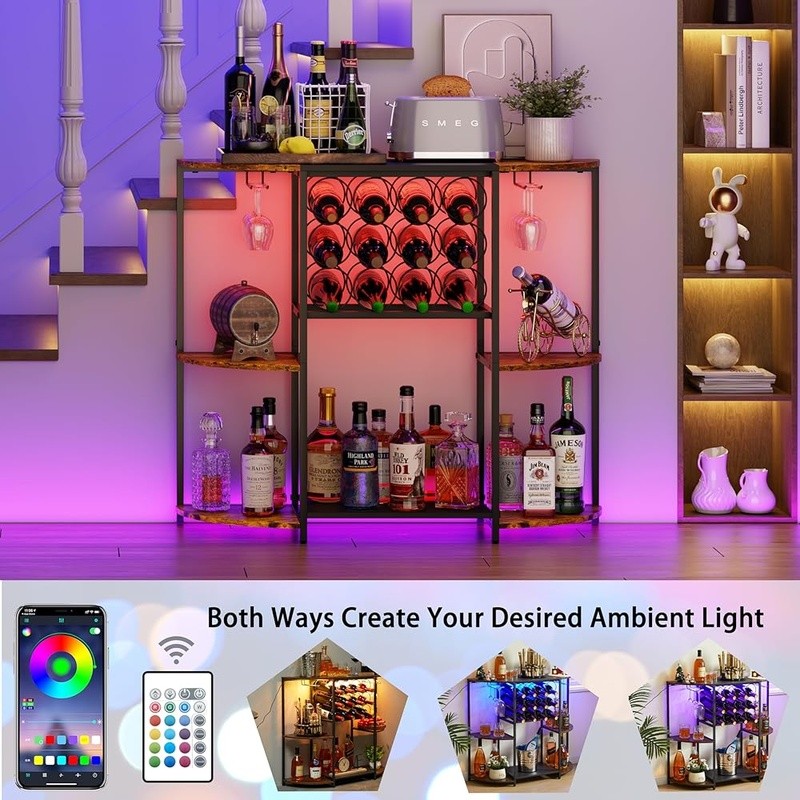 Smart LED Wine Bar Cabinet W/ Storage Glasses & Bottles Multi-Functional Decor