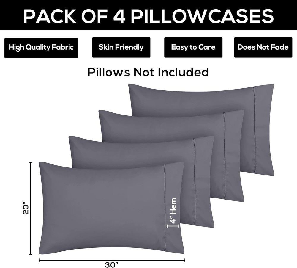 Queen Pillow Cases 4 Pack Envelope Closure Soft Brushed Microfiber Fabric