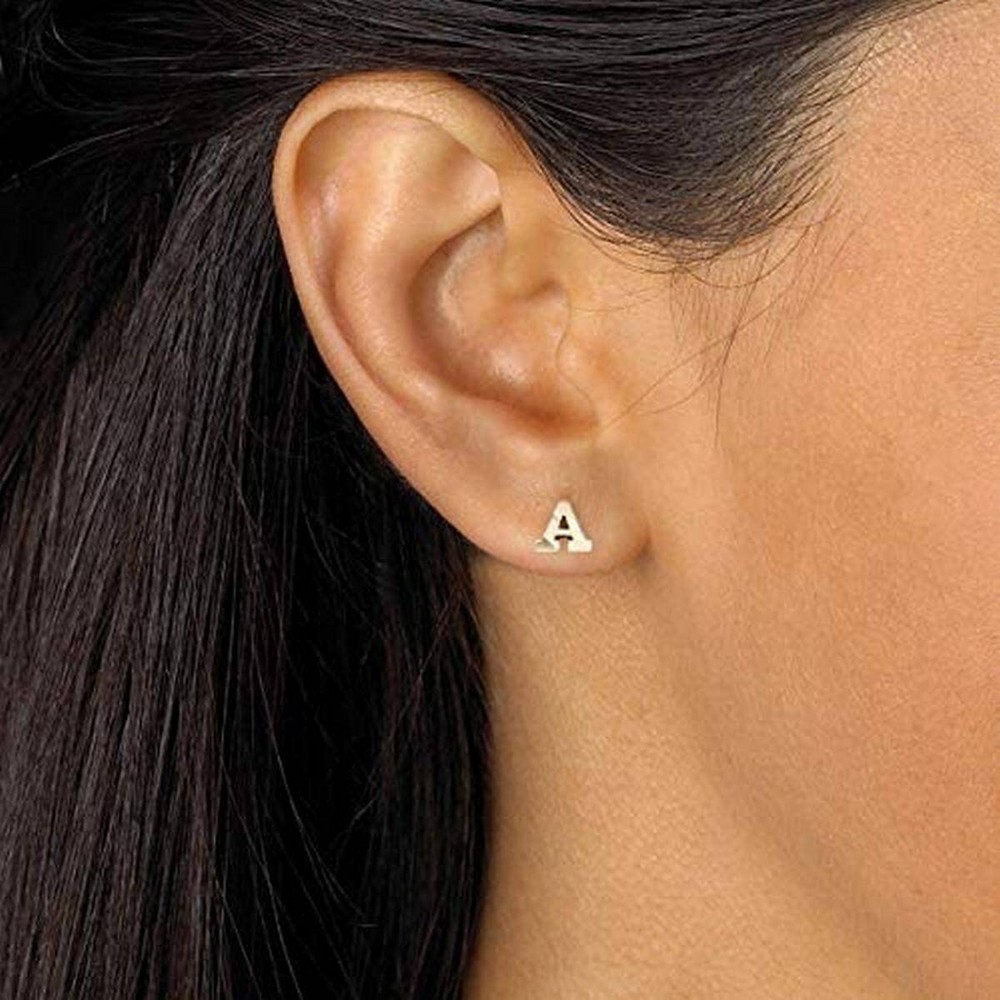 Solid 14k Yellow Gold Small Diamond-cut A-Z Initial Stud Earrings - Initial