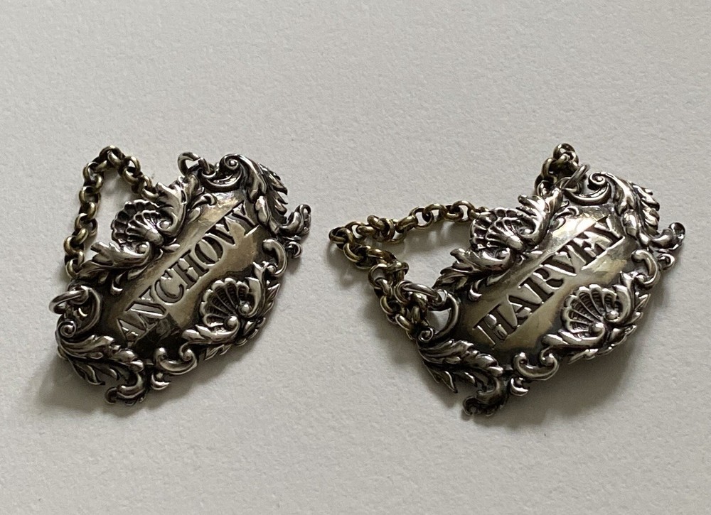 Antique SILVER BOTTLE LABLES - Pair, Harvey & Anchovy, Solid Silver (5I12)